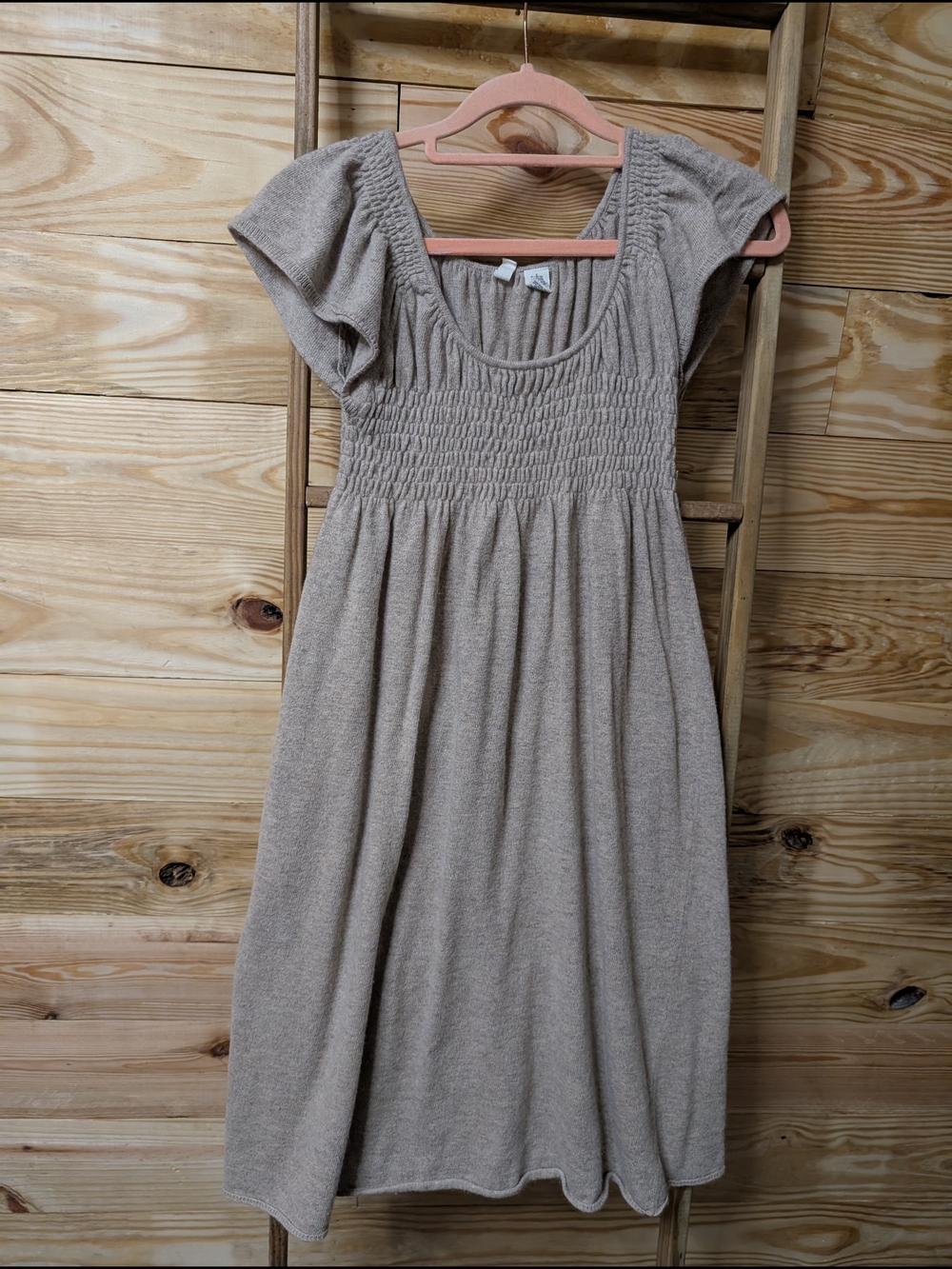 Moth Taupe Smocked Sweater Mini Dress